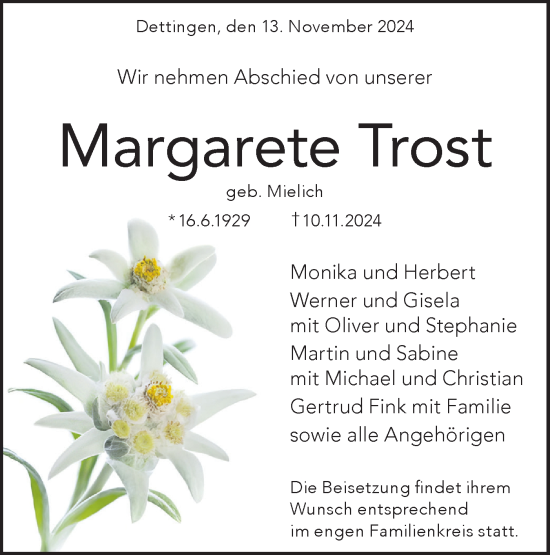 Traueranzeige von Margarete Trost von Alb-Bote/Metzinger-Uracher Volksblatt