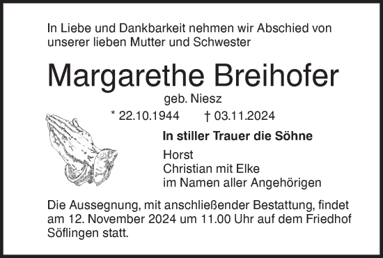 Traueranzeige von Margarethe Breihofer von SÜDWEST PRESSE Ausgabe Ulm/Neu-Ulm