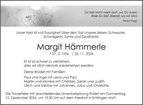 Traueranzeige von Margit Hämmerle von Schwäbische Tagblatt