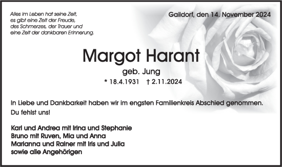 Traueranzeige von Margot Harant von Rundschau Gaildorf