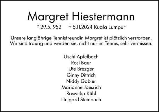 Traueranzeige von Margret Hiestermann von Schwäbische Tagblatt