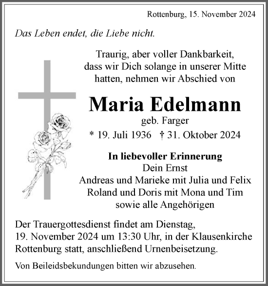 Traueranzeige von Maria Edelmann von Schwäbische Tagblatt