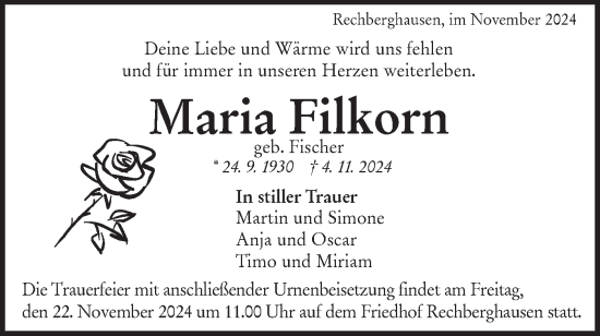 Traueranzeige von Maria Filkorn von NWZ Neue Württembergische Zeitung