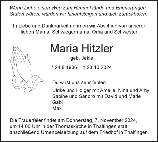 Traueranzeige von Maria Hitzler von SÜDWEST PRESSE Ausgabe Ulm/Neu-Ulm