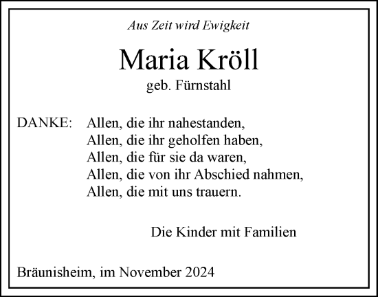 Traueranzeige von Maria Kröll von Geislinger Zeitung