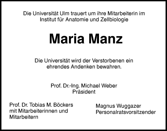 Traueranzeige von Maria Manz von SÜDWEST PRESSE Ausgabe Ulm/Neu-Ulm