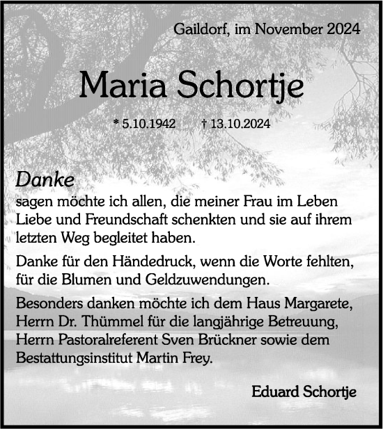 Traueranzeige von Maria Schortje von Rundschau Gaildorf