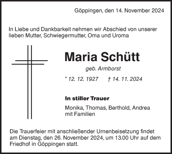 Traueranzeige von Maria Schütt von NWZ Neue Württembergische Zeitung