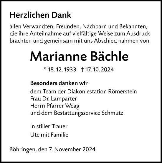 Traueranzeige von Marianne Bächle von Alb-Bote/Metzinger-Uracher Volksblatt