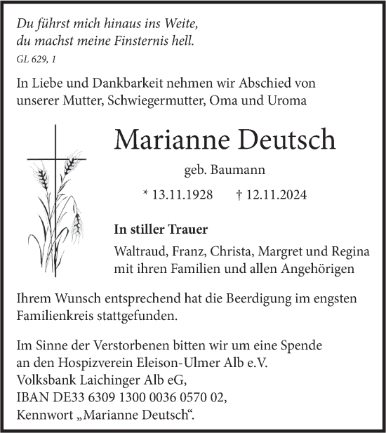 Traueranzeige von Marianne Deutsch von SÜDWEST PRESSE Ausgabe Ulm/Neu-Ulm