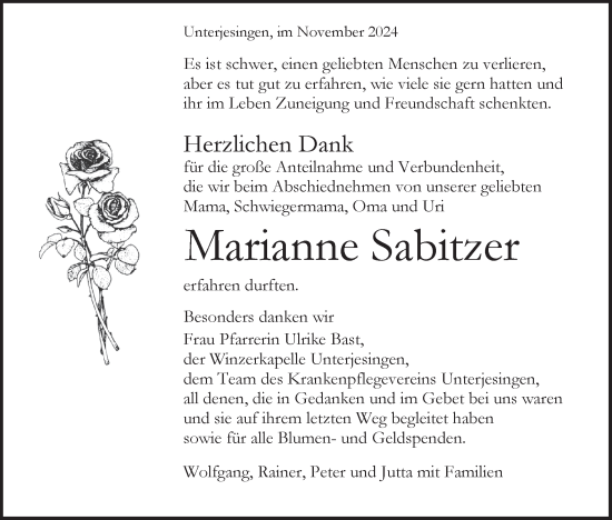 Traueranzeige von Marianne Sabitzer von Schwäbische Tagblatt