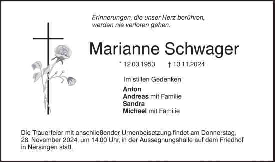 Traueranzeige von Marianne Schwager von SÜDWEST PRESSE Ausgabe Ulm/Neu-Ulm