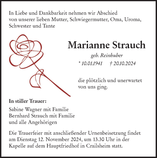 Traueranzeige von Marianne Strauch von Hohenloher Tagblatt