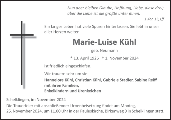 Traueranzeige von Marie-Luise Kühl von Ehinger Tagblatt