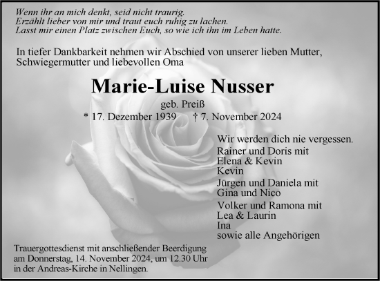 Traueranzeige von Marie-Luise Nusser von Geislinger Zeitung