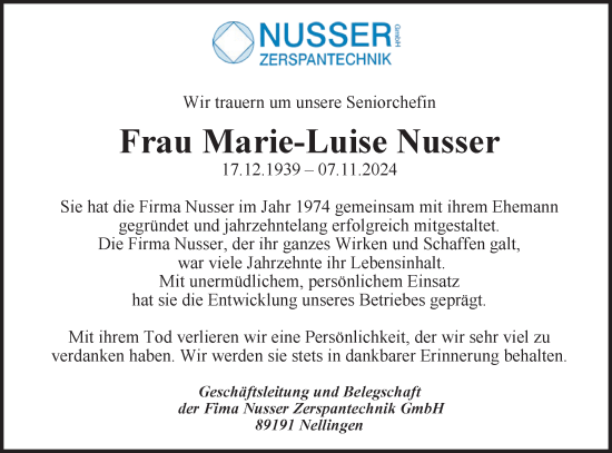 Traueranzeige von Marie-Luise Nusser von Geislinger Zeitung