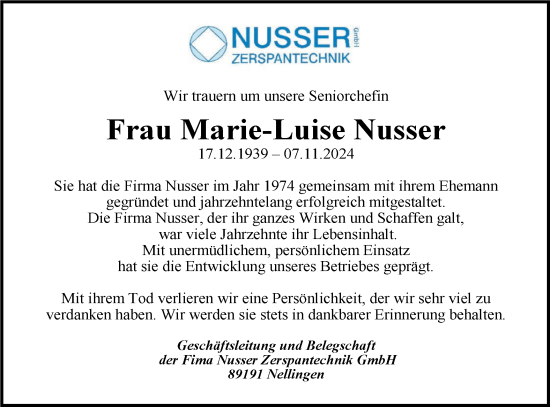 Traueranzeige von Marie-Luise Nusser von SÜDWEST PRESSE Ausgabe Ulm/Neu-Ulm