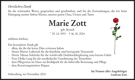 Traueranzeige von Marie Zott von Hohenloher Tagblatt