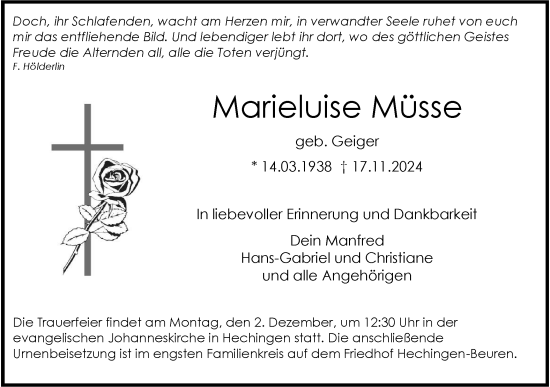 Traueranzeige von Marieluise Müsse von SÜDWEST PRESSE Zollernalbkreis/Hohenzollerische Zeitung