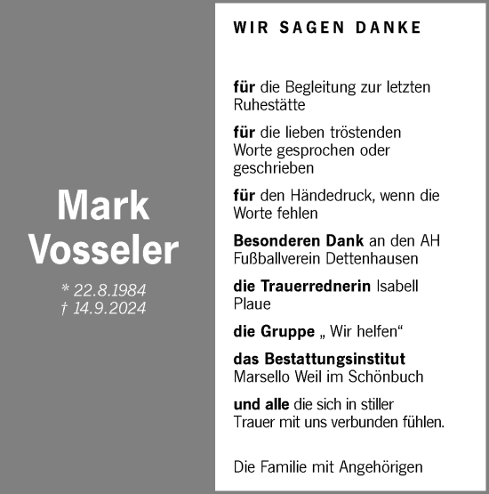 Traueranzeige von Mark Vosseler von Schwäbische Tagblatt