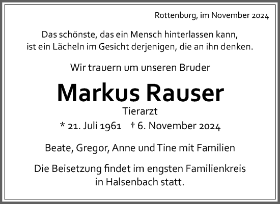 Traueranzeige von Markus Rauser von Schwäbische Tagblatt