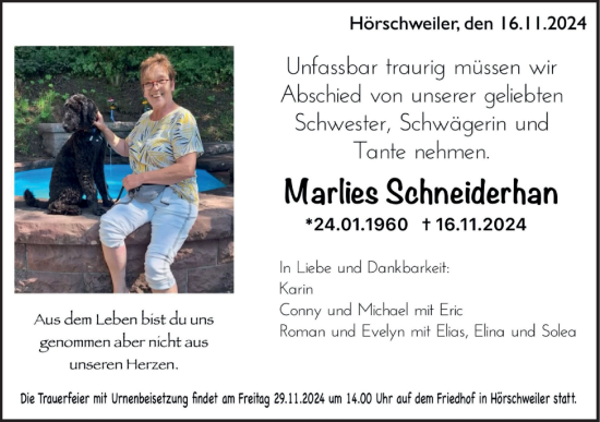 Traueranzeige von Marlies Schneiderhan von Neckar-Chronik