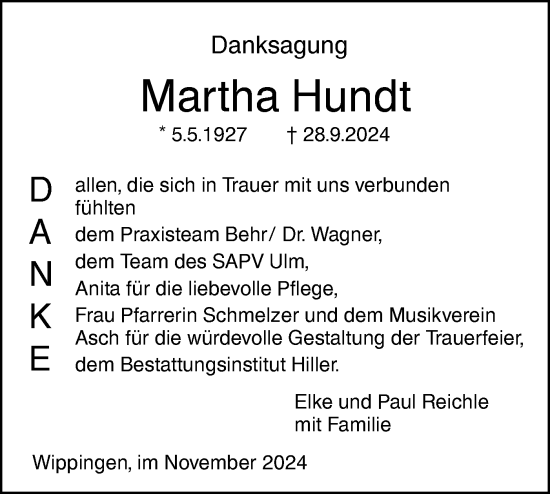 Traueranzeige von Martha Hundt von SÜDWEST PRESSE Ausgabe Ulm/Neu-Ulm