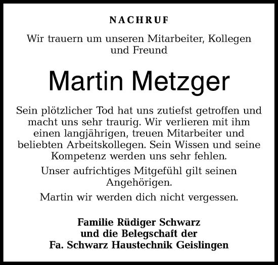 Traueranzeige von Martin Metzger von Haller Tagblatt