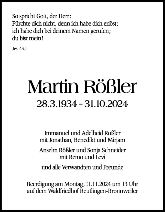 Traueranzeige von Martin Rößler von Schwäbische Tagblatt