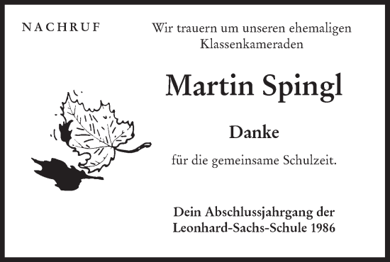 Traueranzeige von Martin Spingl von Hohenloher Tagblatt