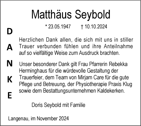 Traueranzeige von Matthäus Seybold von SÜDWEST PRESSE Ausgabe Ulm/Neu-Ulm