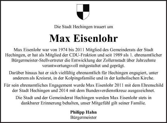 Traueranzeige von Max Eisenlohr von SÜDWEST PRESSE Zollernalbkreis/Hohenzollerische Zeitung