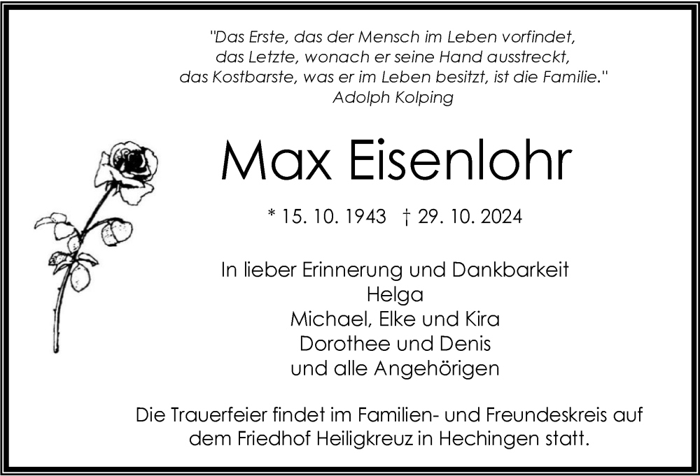  Traueranzeige für Max Eisenlohr vom 09.11.2024 aus SÜDWEST PRESSE Zollernalbkreis/Hohenzollerische Zeitung