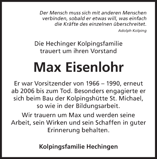 Traueranzeige von Max Eisenlohr von SÜDWEST PRESSE Zollernalbkreis/Hohenzollerische Zeitung