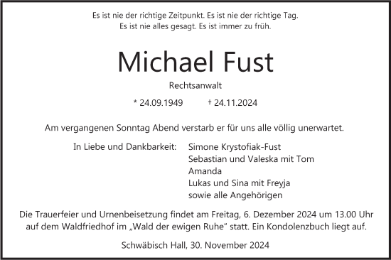 Traueranzeige von Michael Fust von Haller Tagblatt