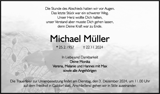 Traueranzeige von Michael Müller von Rundschau Gaildorf