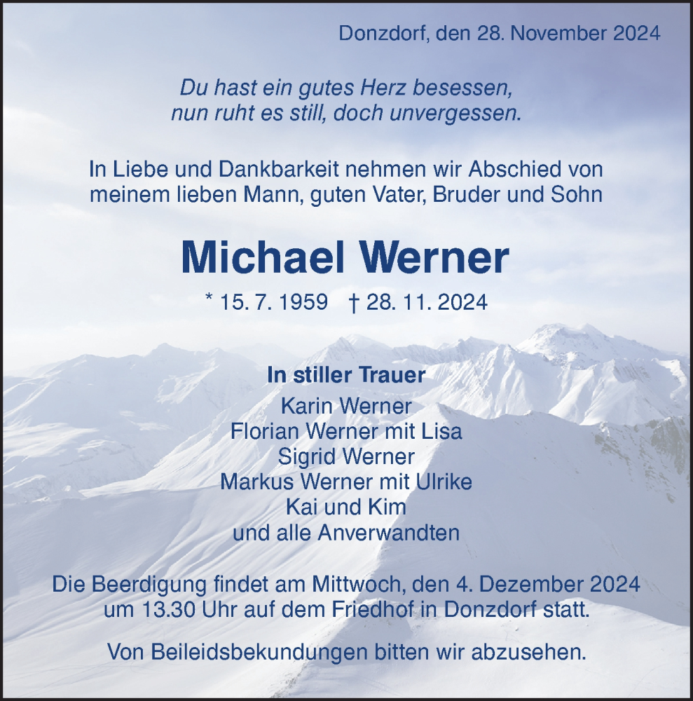  Traueranzeige für Michael Werner vom 30.11.2024 aus NWZ Neue Württembergische Zeitung