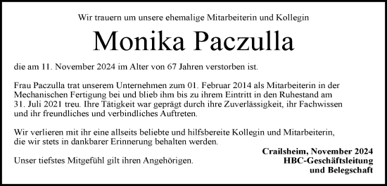 Traueranzeige von Monika Paczulla von Hohenloher Tagblatt