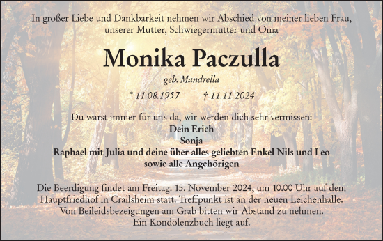 Traueranzeige von Monika Paczulla von Hohenloher Tagblatt