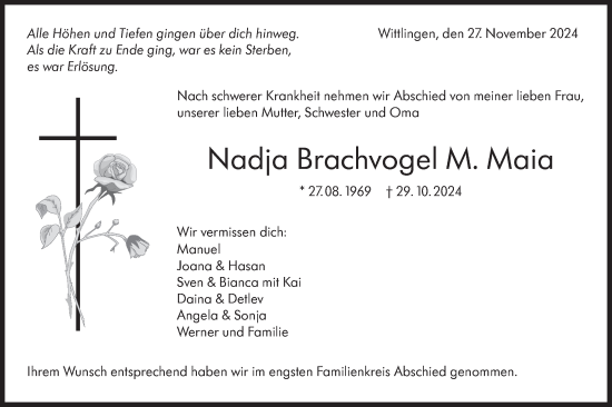 Traueranzeige von Nadja Brachvogel Maia von Alb-Bote/Metzinger-Uracher Volksblatt