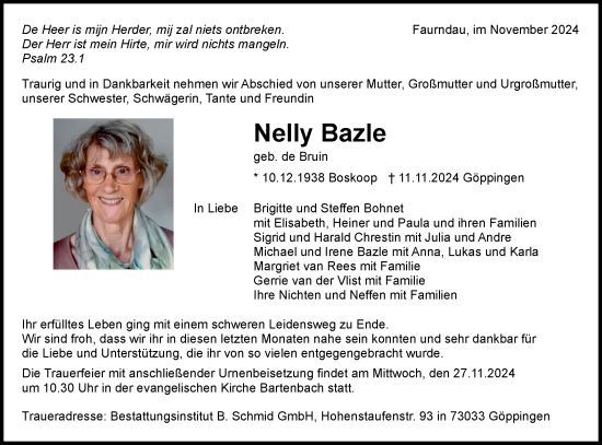 Traueranzeige von Nelly Bazle von NWZ Neue Württembergische Zeitung