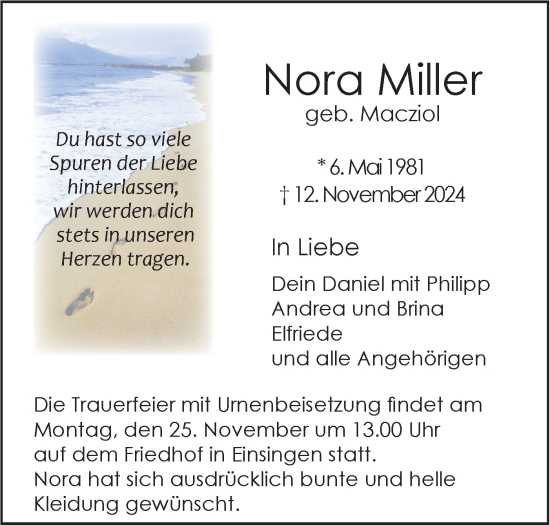 Traueranzeige von Nora Miller von SÜDWEST PRESSE Ausgabe Ulm/Neu-Ulm