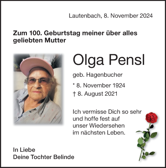 Traueranzeige von Olga Pensl von Hohenloher Tagblatt