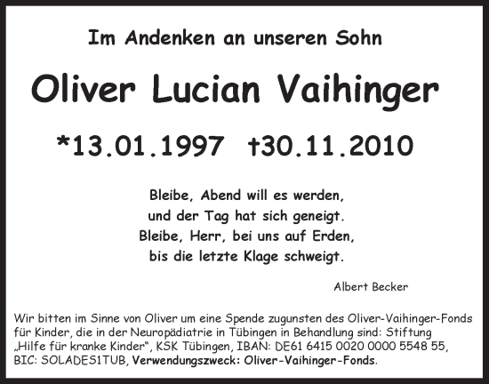 Traueranzeige von Oliver Lucian Vaihinger von Schwäbische Tagblatt