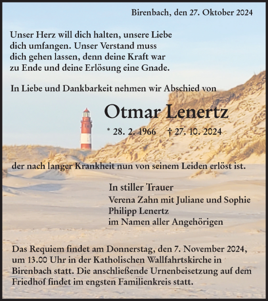 Traueranzeige von Otmar Lenertz von NWZ Neue Württembergische Zeitung