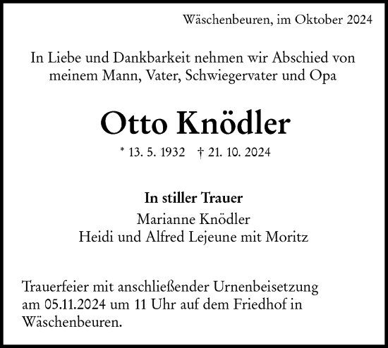 Traueranzeige von Otto Knödler von NWZ Neue Württembergische Zeitung