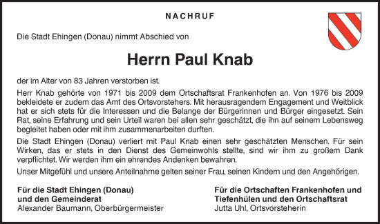 Traueranzeige von Paul Knab von Ehinger Tagblatt