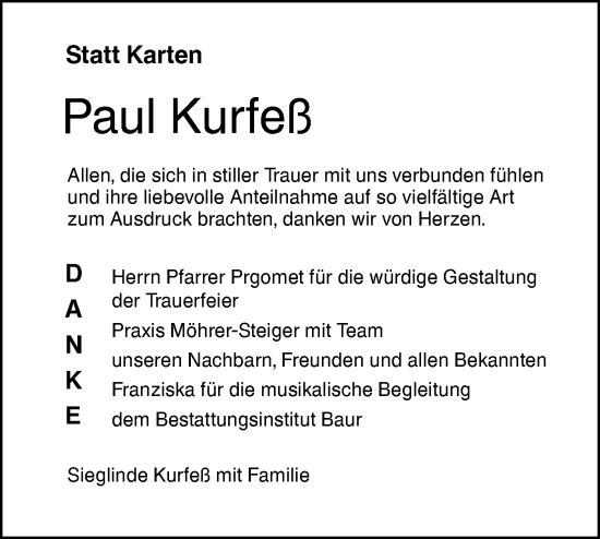 Traueranzeige von Paul Kurfeß von Das Blaumännle