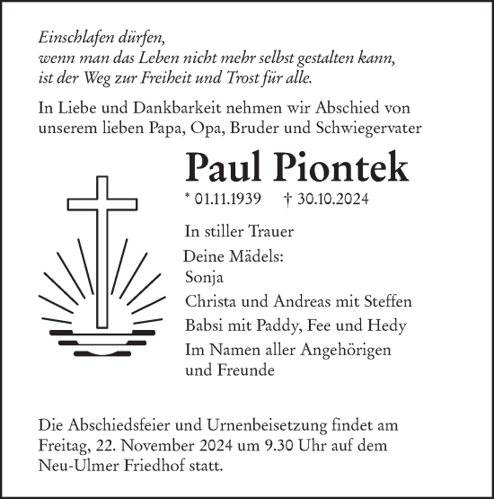 Traueranzeige von Paul Piontek von SÜDWEST PRESSE Ausgabe Ulm/Neu-Ulm