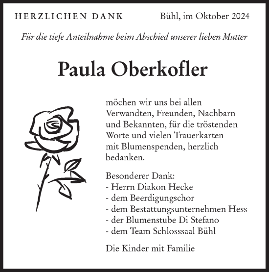 Traueranzeige von Paula Oberkofler von Schwäbische Tagblatt